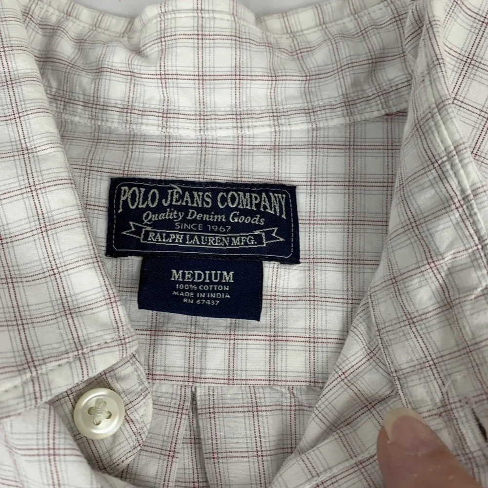 Polo‎ Jeans Co Ralph Lauren Mens Medium Plaid Short Sleeve Button Down Shirt Red